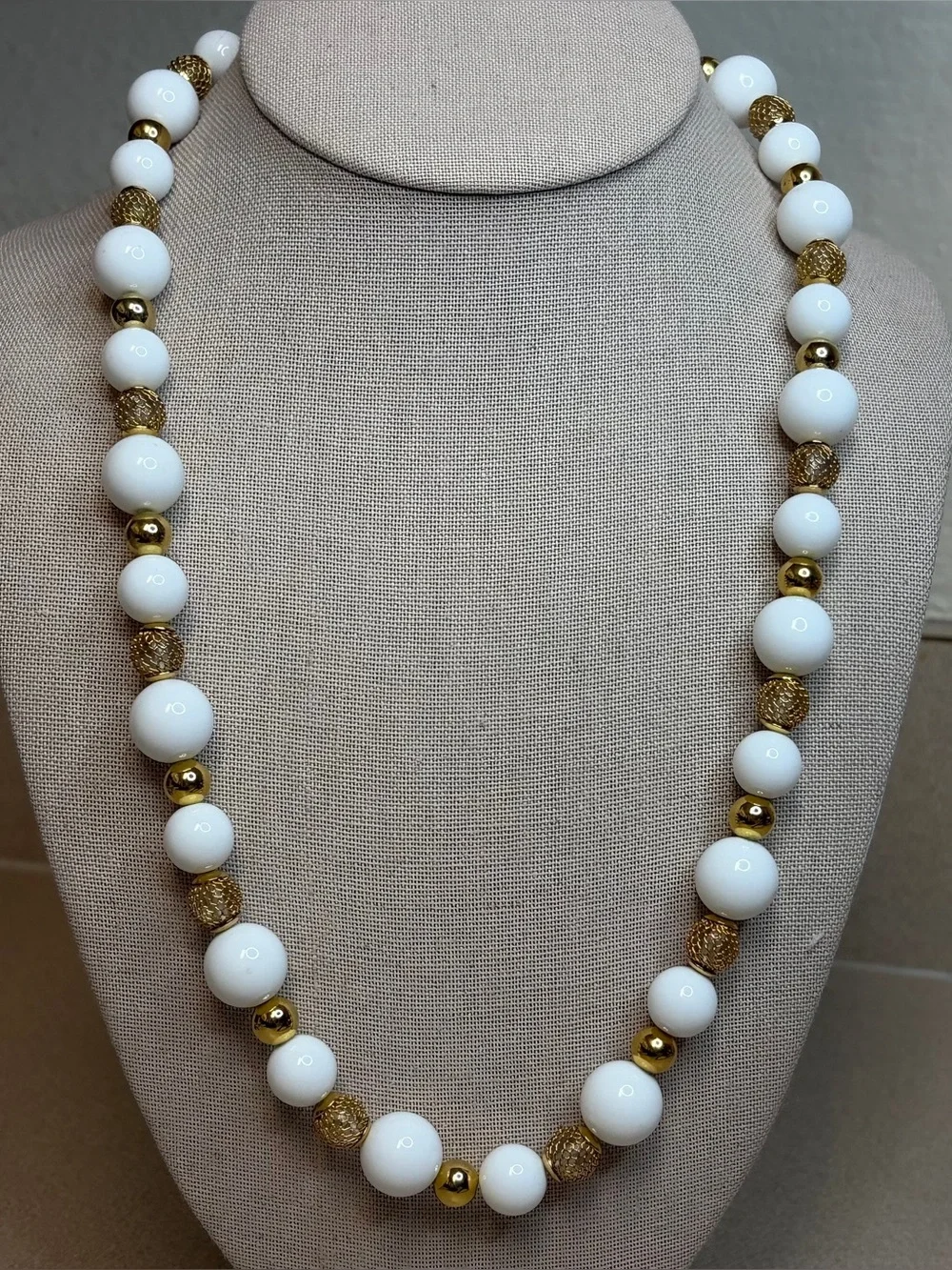 Classy White Bead Gold Tone Filigree Long Statement Necklace